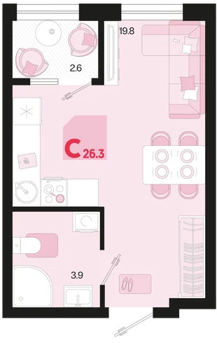 Планировка Студия, 26.3 м² ЖК «Первое место»