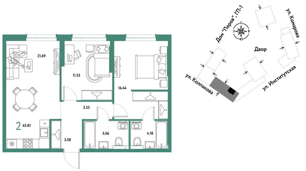 Планировка 2-комн. квартира, 65.81 м² ЖК «Страна.Парковая»