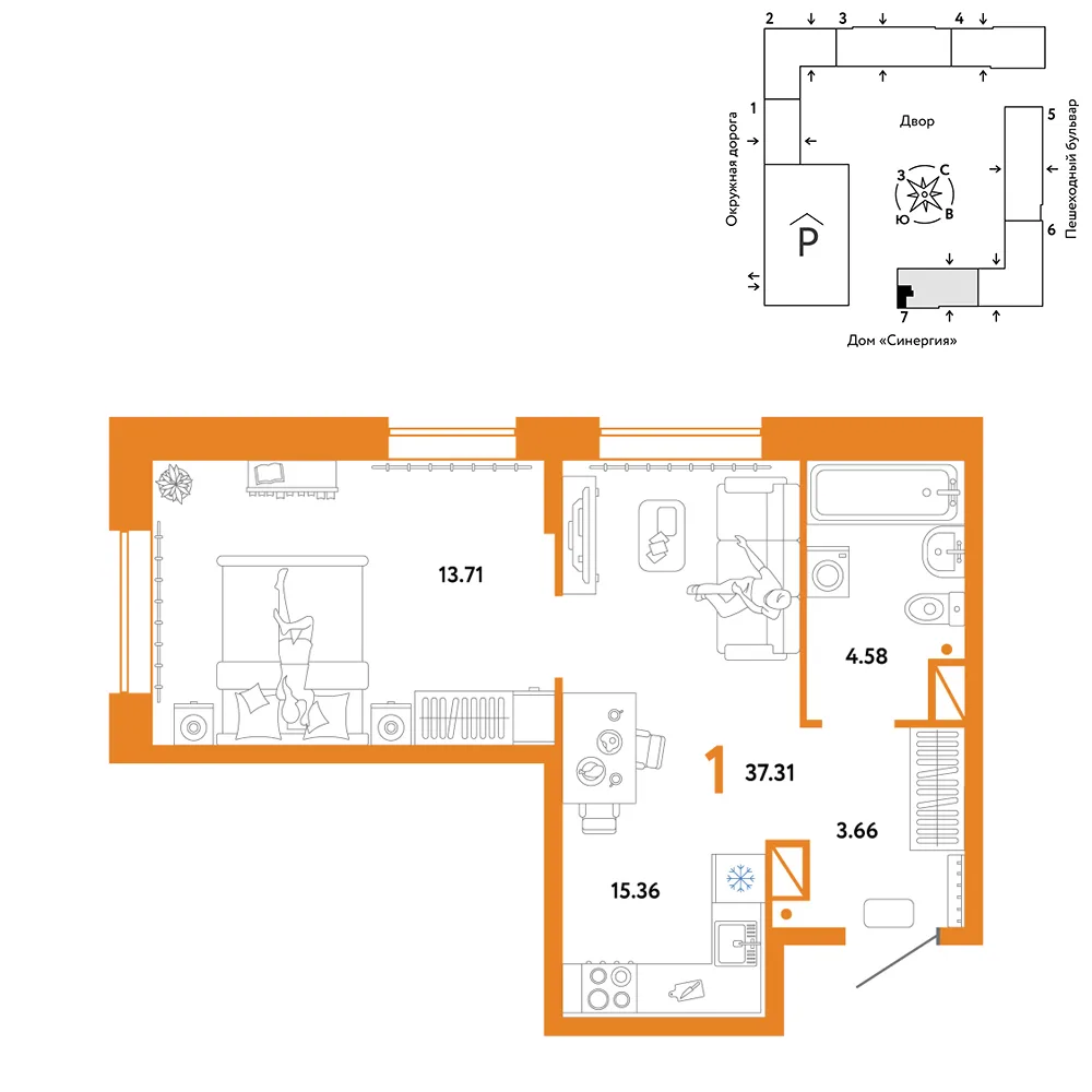 Планировка 1-комн. квартира, 37.31 м² ЖК «Юнион»
