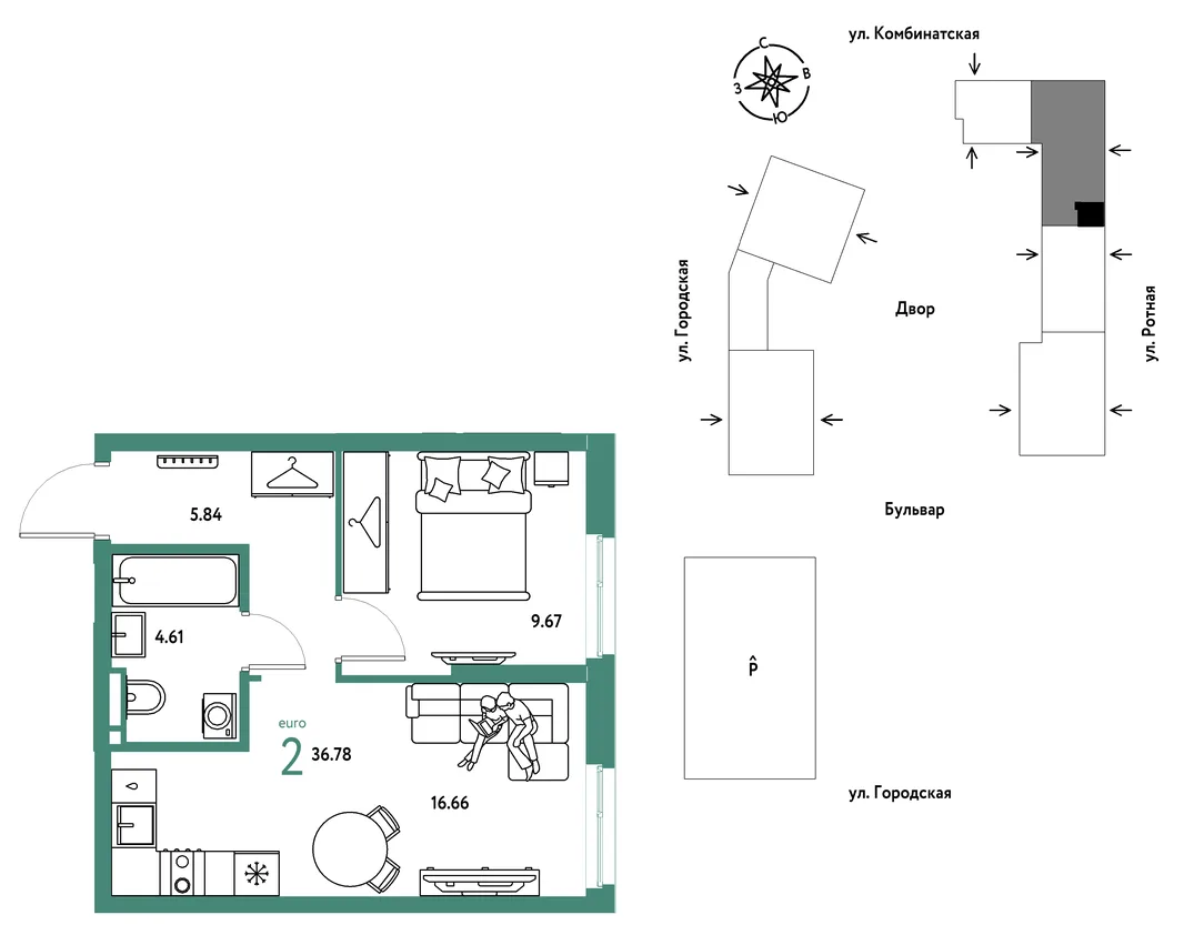 Планировка 2-комн. квартира, 36.78 м² ЖК «Уральский сад»