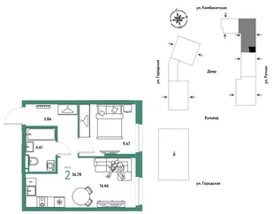 Планировка 2-комн. квартира, 36.78 м² ЖК «Уральский сад»