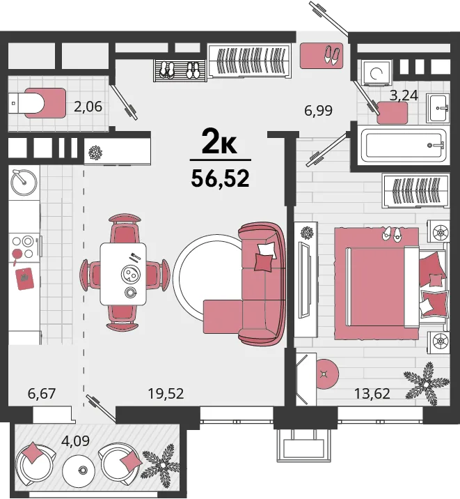 Планировка 2-комн. квартира, 56.52 м² ЖК «Родные просторы»