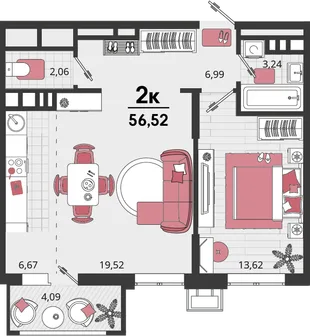 Планировка 2-комн. квартира, 56.52 м² ЖК «Родные просторы»