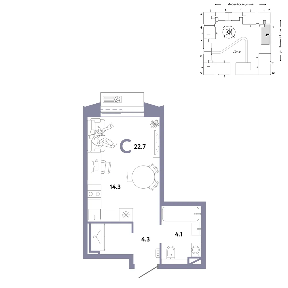 Планировка Студия, 22.7 м² ЖК «Страна.Заречная»