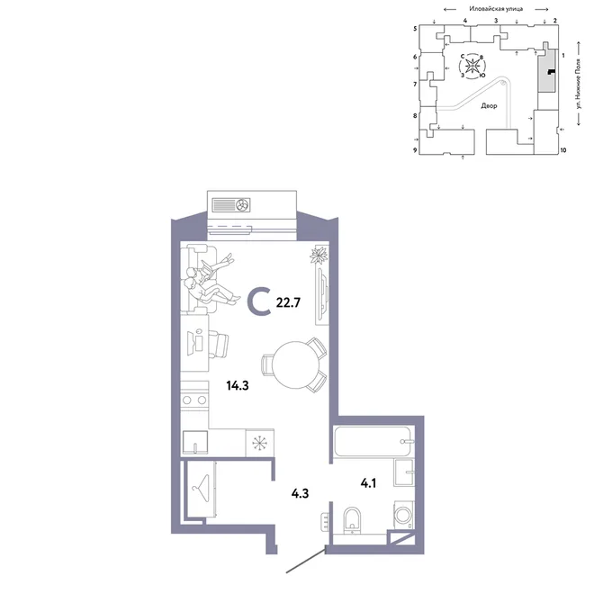 Планировка Студия, 22.7 м² ЖК «Страна.Заречная»