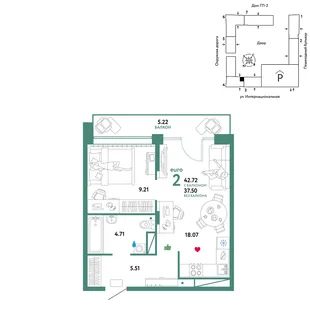 Планировка 2-комн. квартира, 42.72 м² ЖК «Юнион»