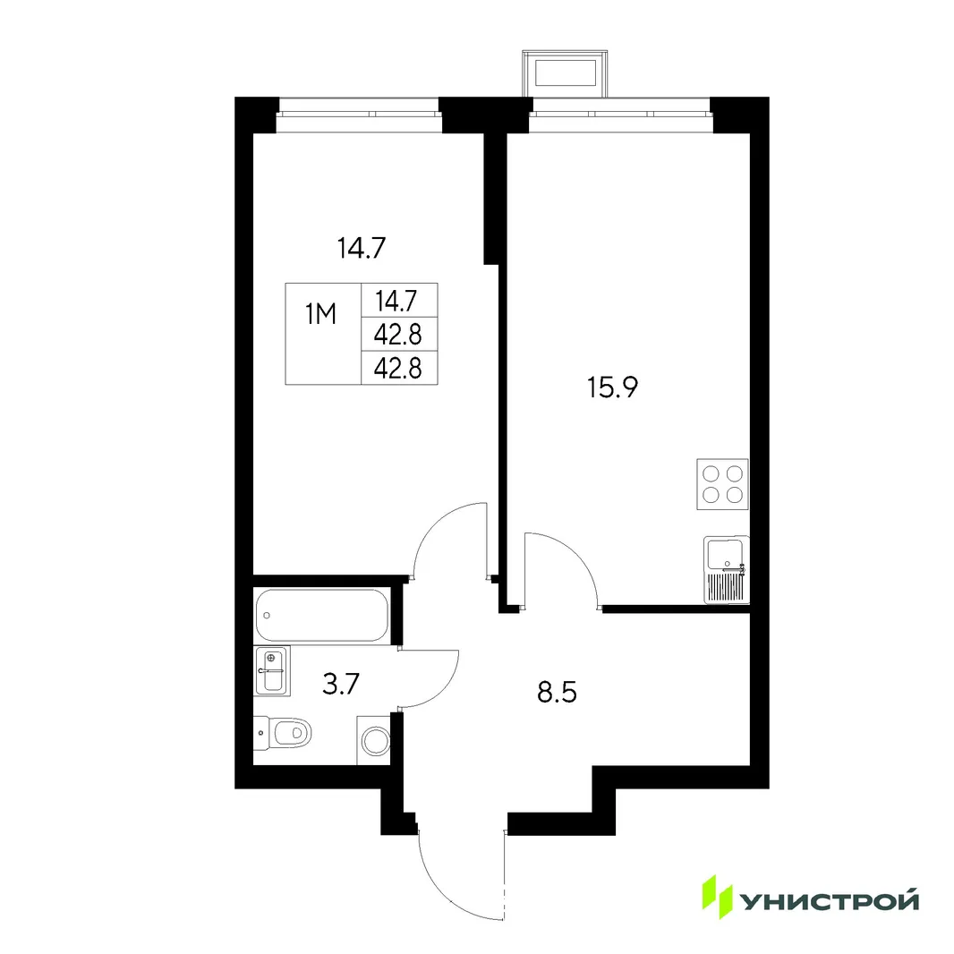 Планировка 1-комн. квартира, 42.8 м² ЖК «Стадиум»