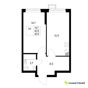 Планировка 1-комн. квартира, 42.8 м² ЖК «Стадиум»