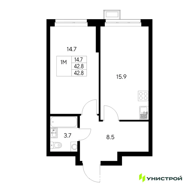 Планировка 1-комн. квартира, 42.8 м² ЖК «Стадиум» Планировка 1-комн. квартира, 42.8 м² ЖК «Стадиум»