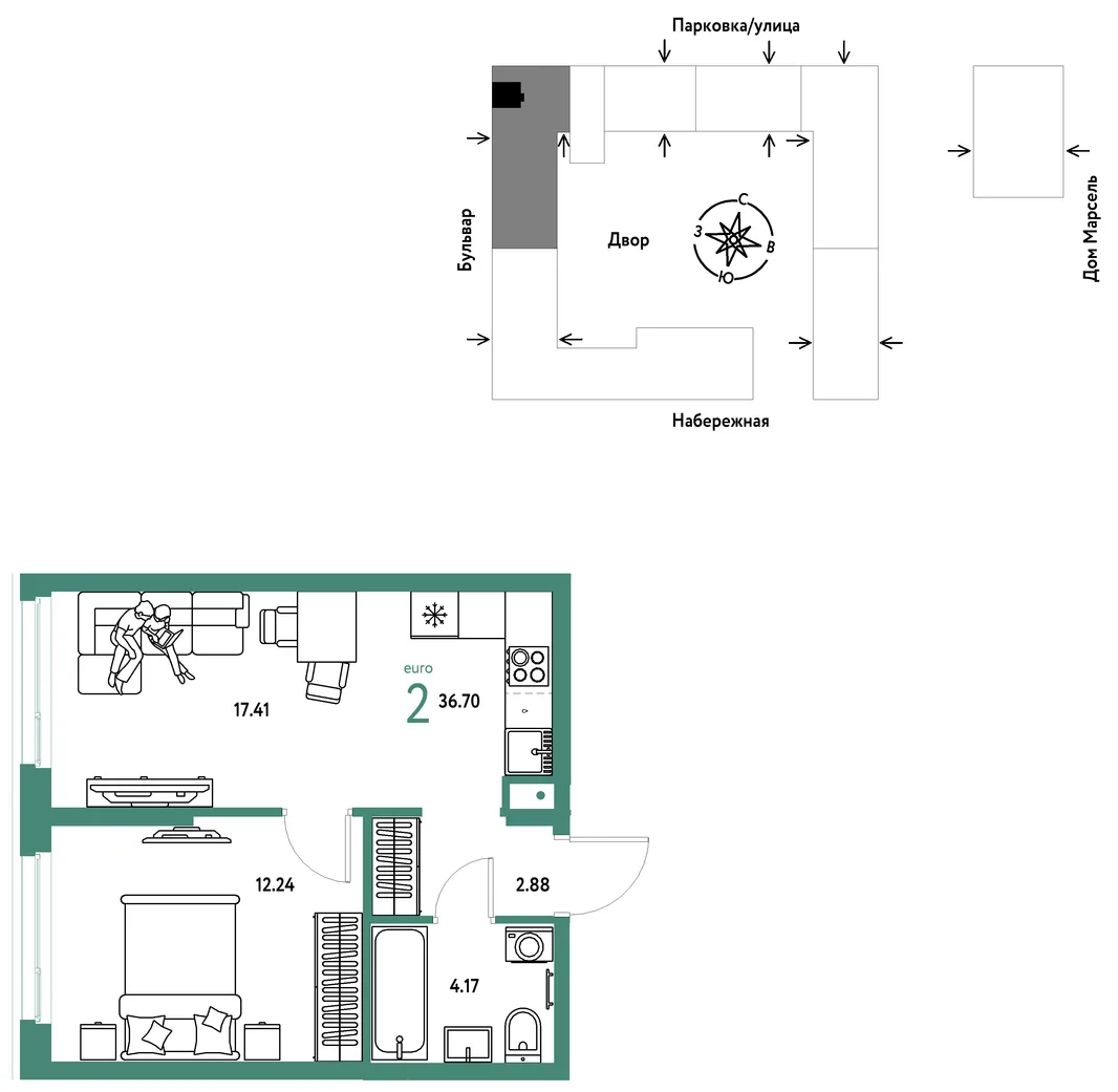 Планировка 2-комн. квартира, 36.7 м² ЖК «Европейский берег 2.0»