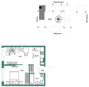 Планировка 2-комн. квартира, 36.7 м² ЖК «Европейский берег 2.0»
