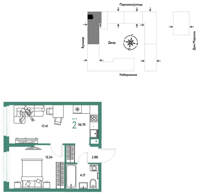 Планировка 2-комн. квартира, 36.7 м² ЖК «Европейский берег 2.0» Планировка 2-комн. квартира, 36.7 м² ЖК «Европейский берег 2.0»