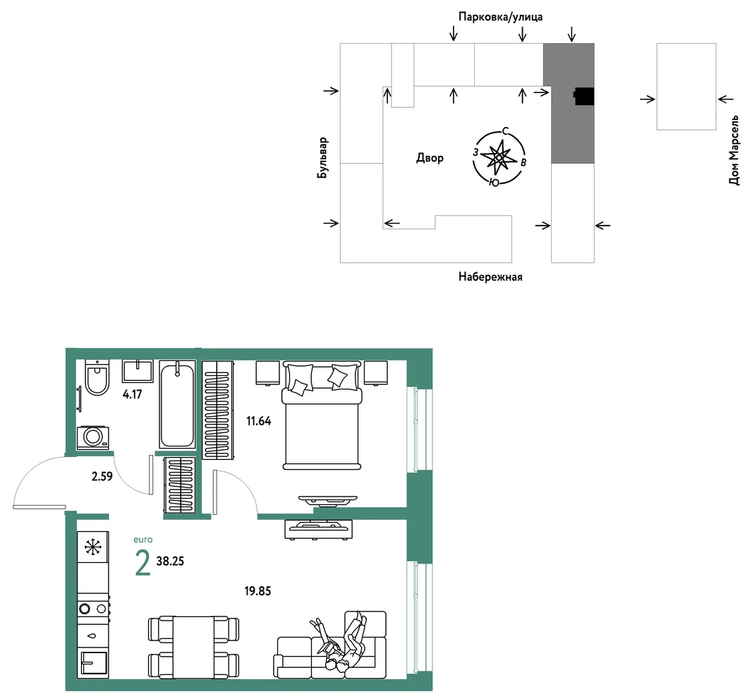 Планировка 2-комн. квартира, 38.25 м² ЖК «Европейский берег 2.0»
