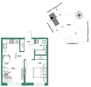 Планировка 2-комн. квартира, 40.37 м² ЖК «Страна Прибрежная»
