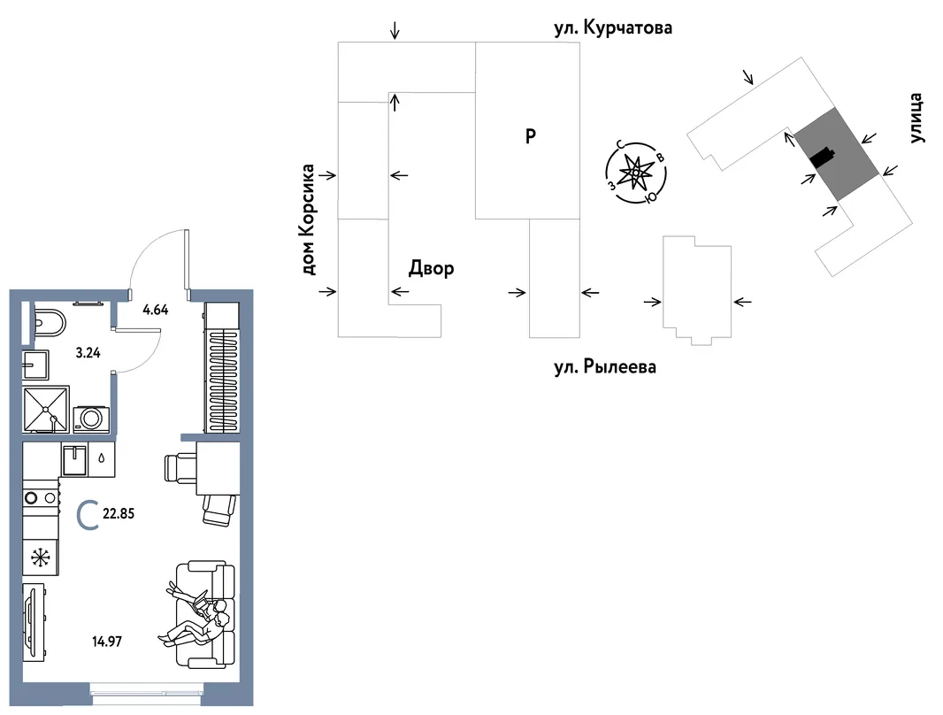 Планировка Студия, 23.03 м² ЖК «Остров-сад»