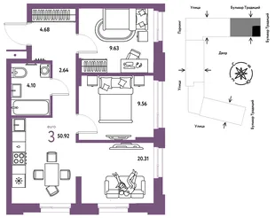 Планировка 3-комн. квартира, 50.92 м² ЖК «Микрорайон Домашний»
