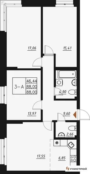 Планировка 3-комн. квартира, 89.38 м² ЖК «Жилой кластер Q на Кулагина»