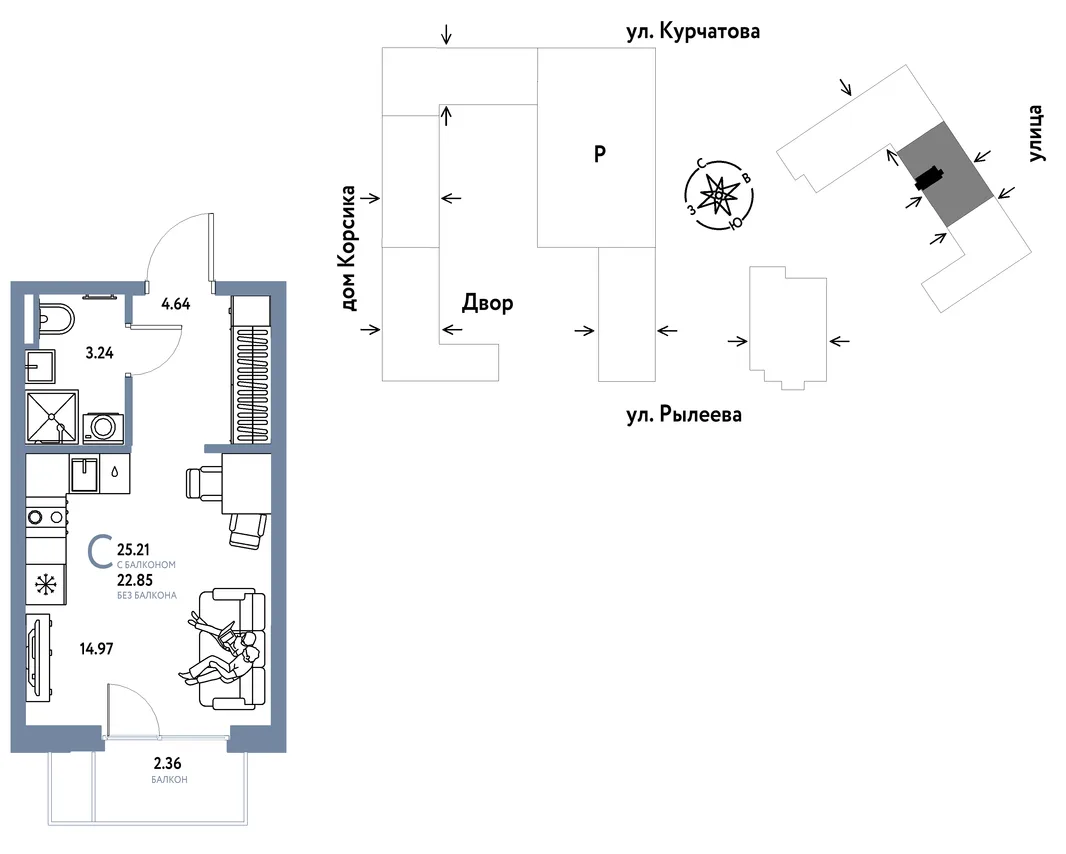 Планировка Студия, 25.39 м² ЖК «Остров-сад»