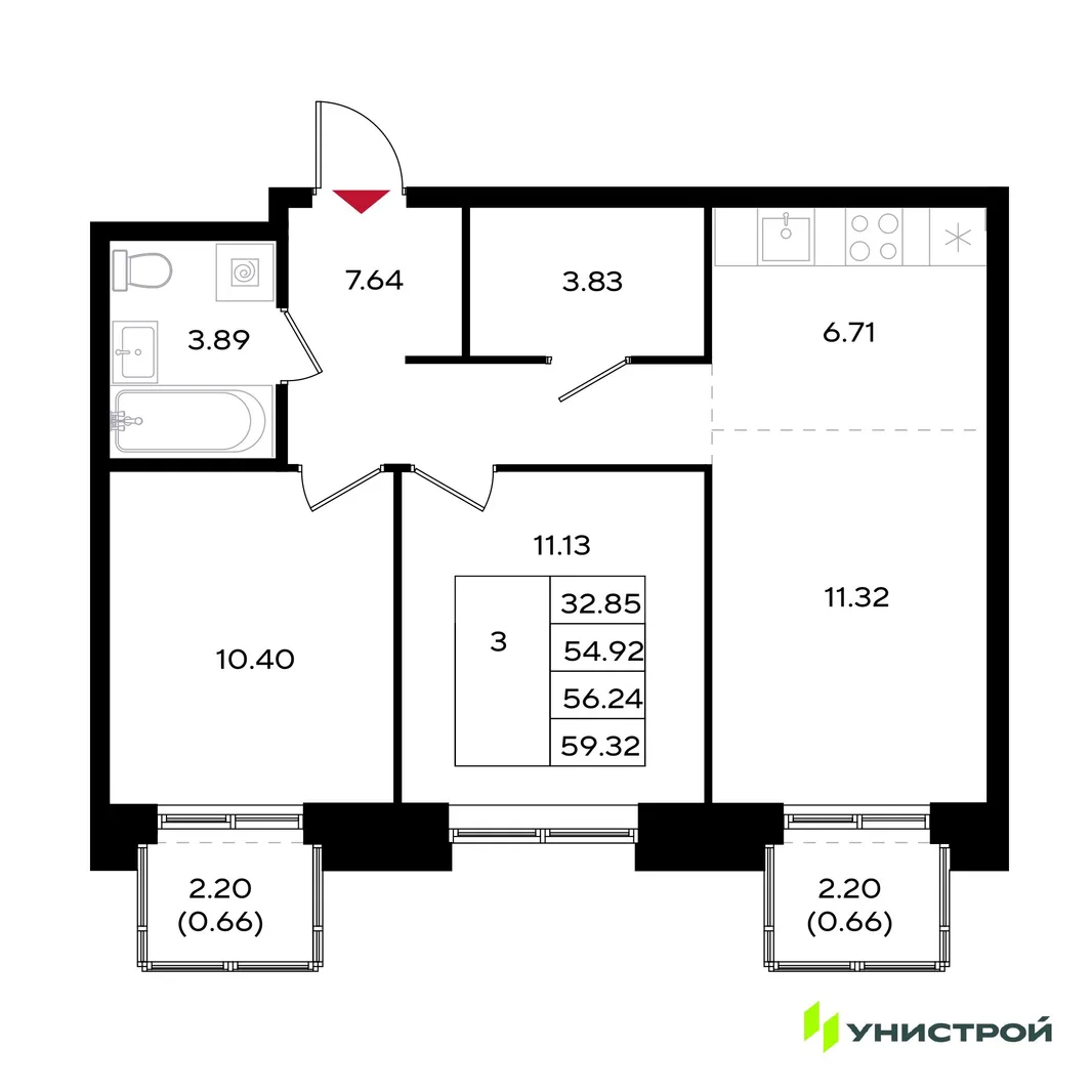 Планировка 3-комн. квартира, 56.24 м² ЖК «Уникум на Энгельса»