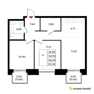 Планировка 3-комн. квартира, 56.24 м² ЖК «Уникум на Энгельса»