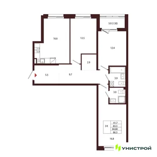 Планировка 3-комн. квартира, 84.8 м² ЖК «Лисино»
