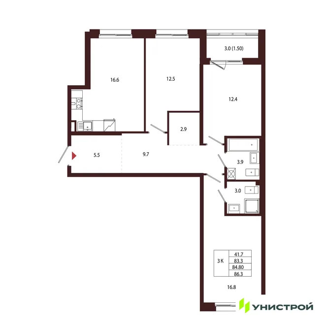Планировка 3-комн. квартира, 84.8 м² ЖК «Лисино» Планировка 3-комн. квартира, 84.8 м² ЖК «Лисино»