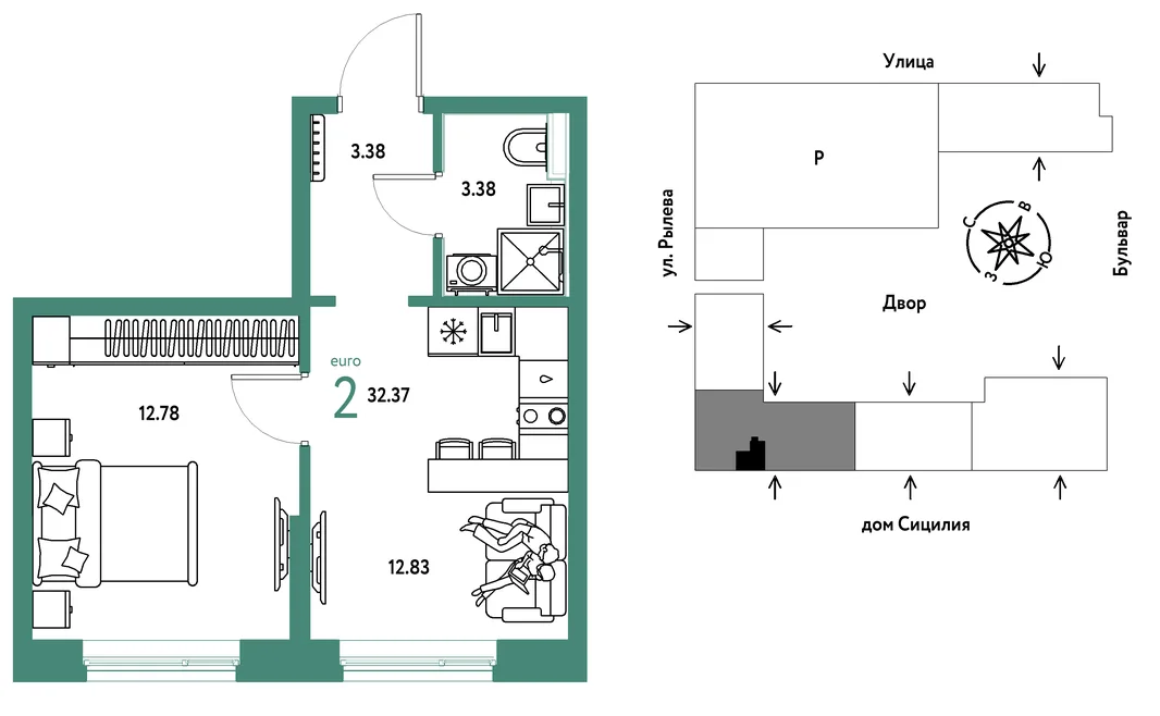 Планировка 2-комн. квартира, 32.37 м² ЖК «Остров-сад»
