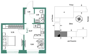 Планировка 2-комн. квартира, 32.37 м² ЖК «Остров-сад»