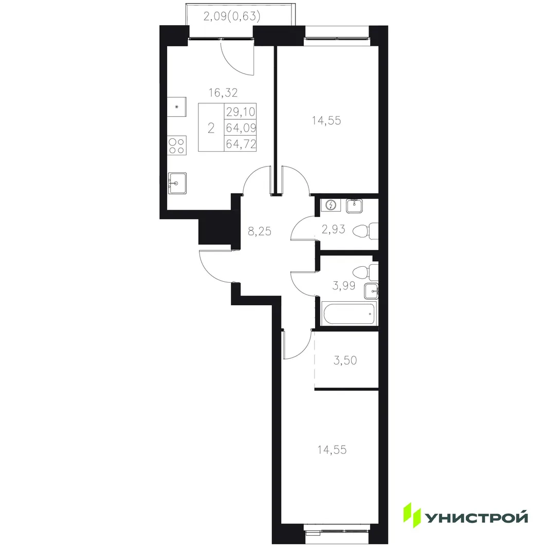 Планировка 2-комн. квартира, 64.72 м² ЖК «Statum»