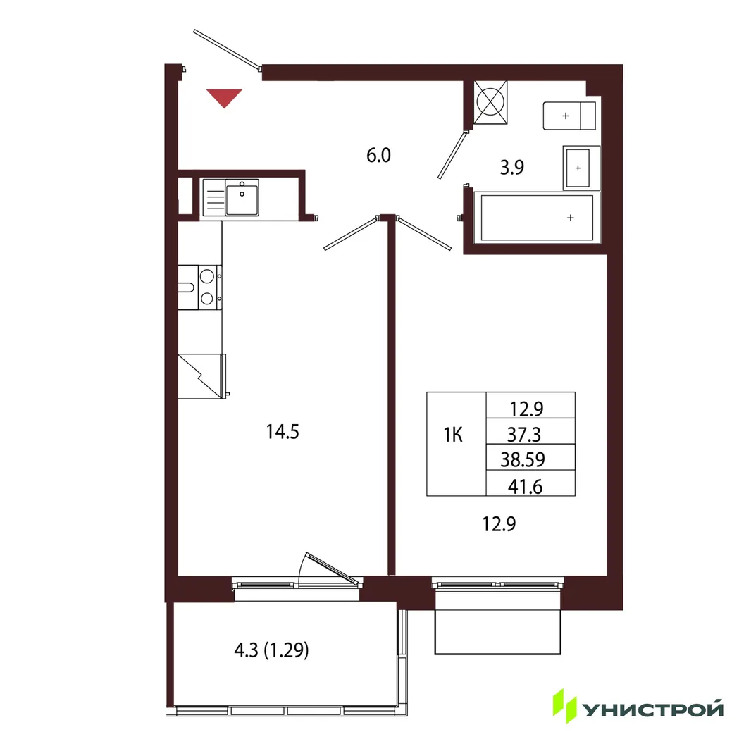 Планировка 1-комн. квартира, 38.59 м² ЖК «Лисино»