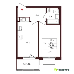 Планировка 1-комн. квартира, 38.59 м² ЖК «Лисино»