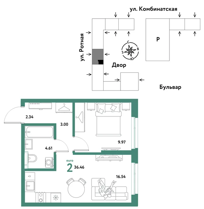 Планировка 2-комн. квартира, 36.46 м² ЖК «Уральский сад» Планировка 2-комн. квартира, 36.46 м² ЖК «Уральский сад»