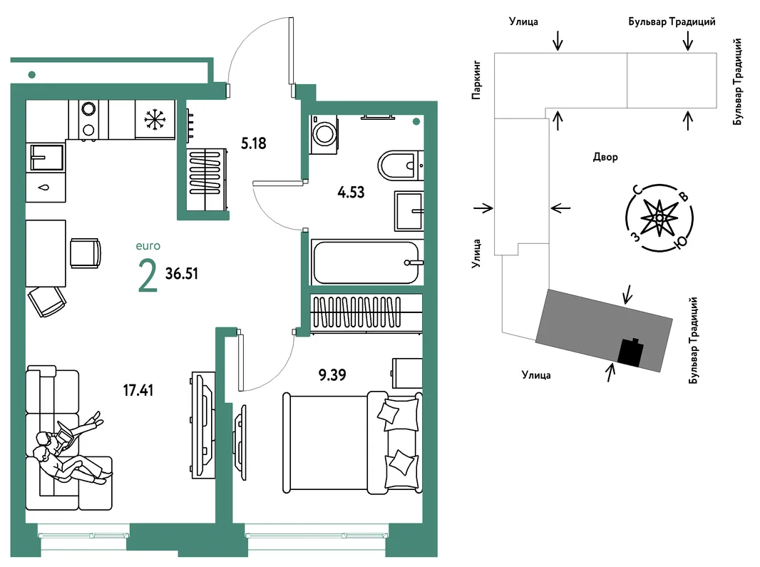 Планировка 2-комн. квартира, 36.51 м² ЖК «Микрорайон Домашний»