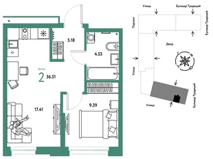 Планировка 2-комн. квартира, 36.51 м² ЖК «Микрорайон Домашний»