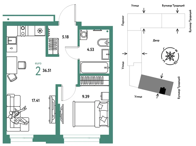 Планировка 2-комн. квартира, 36.51 м² ЖК «Микрорайон Домашний» Планировка 2-комн. квартира, 36.51 м² ЖК «Микрорайон Домашний»