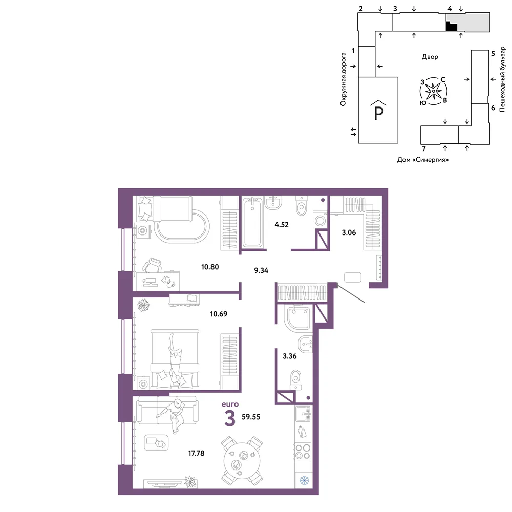 Планировка 3-комн. квартира, 59.55 м² ЖК «Юнион»