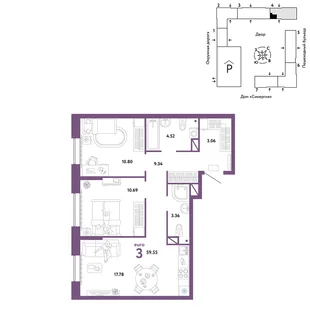 Планировка 3-комн. квартира, 59.55 м² ЖК «Юнион»