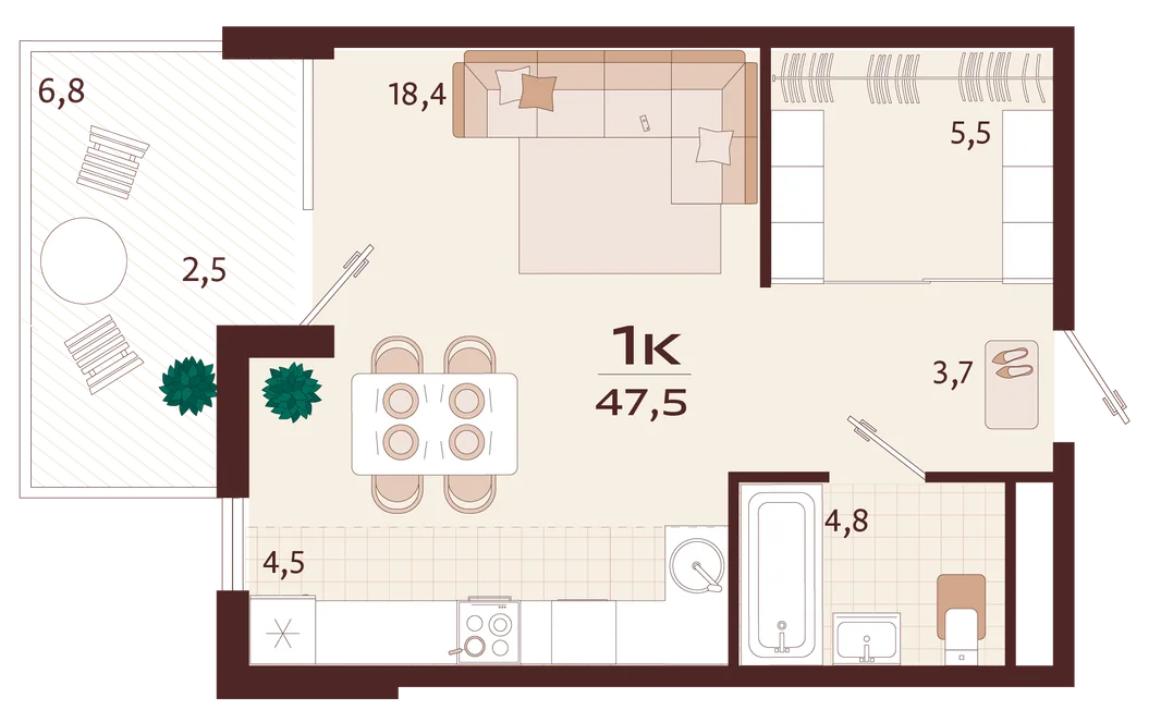 Планировка 1-комн. квартира, 47.5 м² ЖК «Роялта»