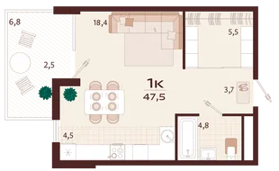 Планировка 1-комн. квартира, 47.5 м² ЖК «Роялта»