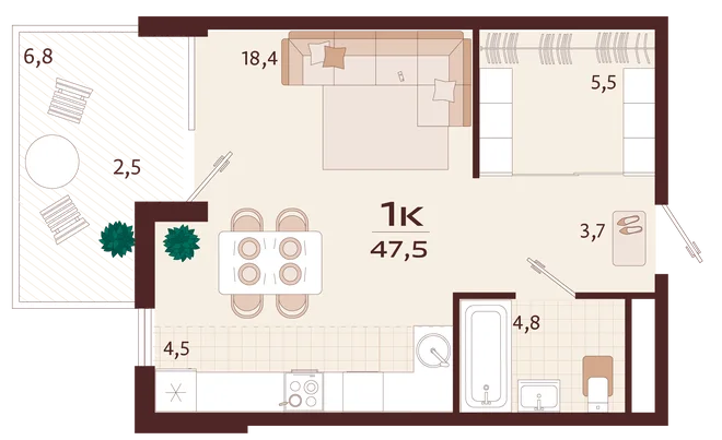 Планировка 1-комн. квартира, 47.5 м² ЖК «Роялта» Планировка 1-комн. квартира, 47.5 м² ЖК «Роялта»