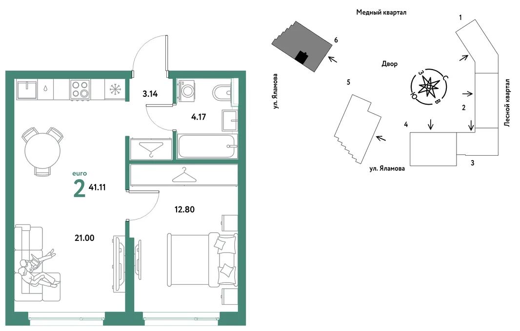 Планировка 2-комн. квартира, 41.11 м² ЖК «Сибирский сад»