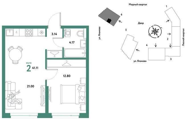 Планировка 2-комн. квартира, 41.11 м² ЖК «Сибирский сад» Планировка 2-комн. квартира, 41.11 м² ЖК «Сибирский сад»