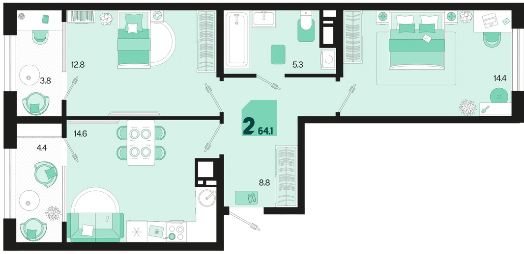 Планировка 2-комн. квартира, 64.1 м² ЖК «Первое место»