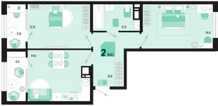 Планировка 2-комн. квартира, 64.1 м² ЖК «Первое место»