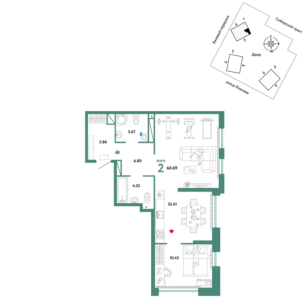 Планировка 2-комн. квартира, 60.69 м² ЖК «Сибирский сад»