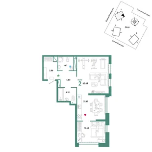 Планировка 2-комн. квартира, 60.69 м² ЖК «Сибирский сад»