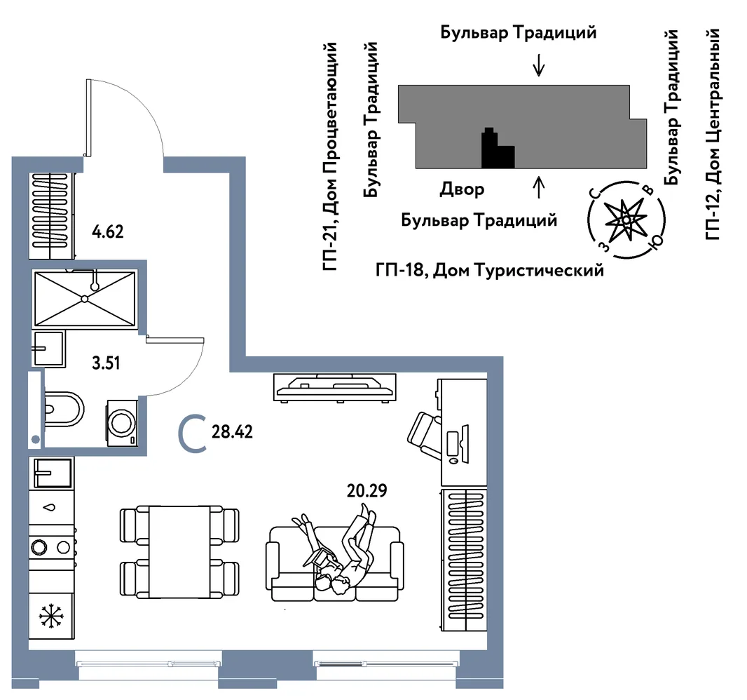 Планировка Студия, 28.42 м² ЖК «Микрорайон Домашний»