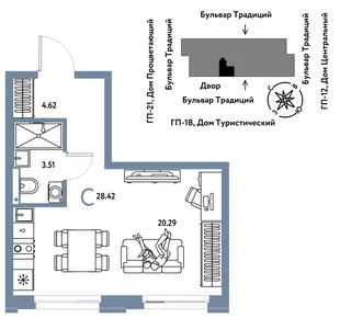 Планировка Студия, 28.42 м² ЖК «Микрорайон Домашний»