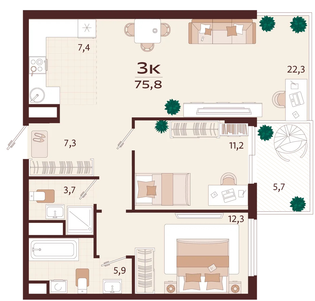 Планировка 3-комн. квартира, 75.8 м² ЖК «Роялта»