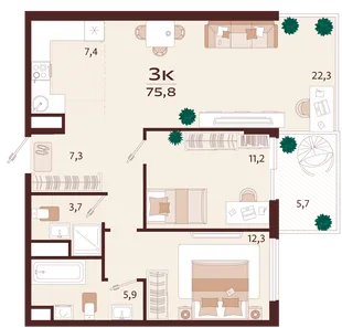 Планировка 3-комн. квартира, 75.8 м² ЖК «Роялта»